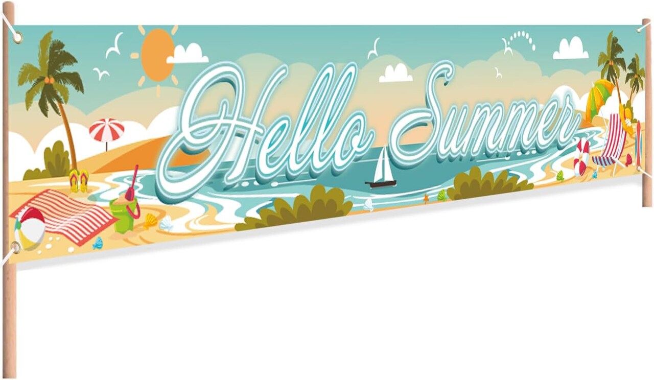 Hello Summer Beach Party Banner - Hawaiian Outdoor Party Decorations, Hanging Beach Party Supplies (Hello Summer)